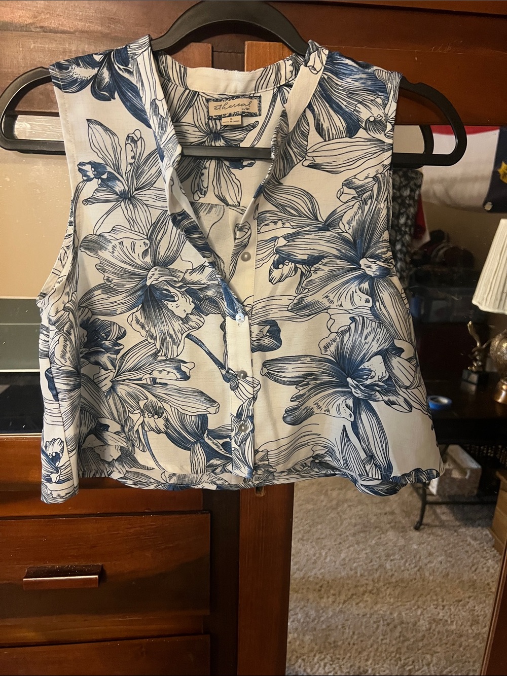 Sleeveless White Camisole with Blue Floral Print